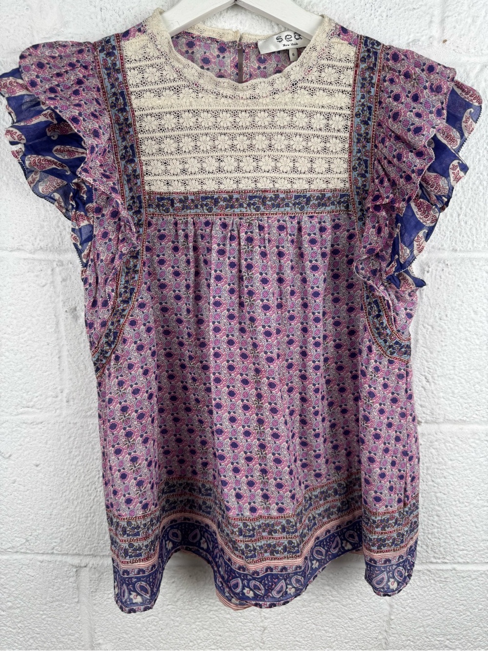Sea New York Lace Bib Floral Ruffle Flutter Sleeve Boho Top Size 6